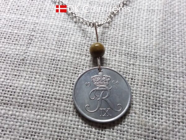 Denmark 1964 coin necklace - 60 year old 5 ore with Crowned Letter R initial - 60th birthday gift - Danish souvenir - Cord/chain options