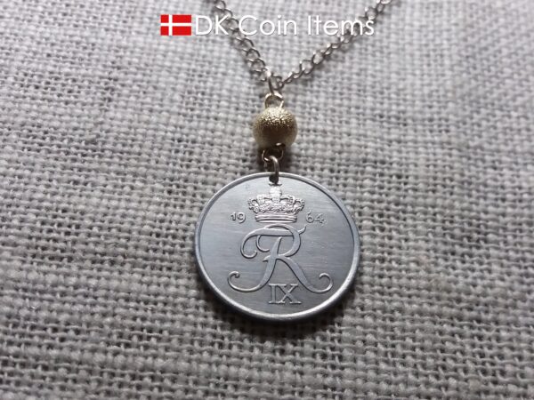 Denmark 1964 coin necklace - 60 year old 5 ore - 60th birthday gift - Crowned Letter R initial - Danish souvenir - Cord/chain options