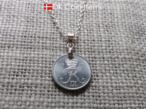 Denmark 1970 coin necklace - 54 year old vintage 1 ore (16mm) as coin pendant - 54th birthday gift - Danish souvenir - Chain included