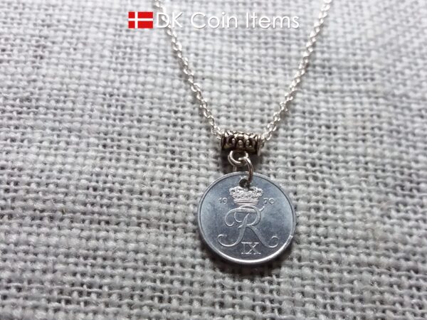 Denmark 1970 coin necklace with chain - 54 year old vintage 1 ore (16mm) as coin pendant - 54th birthday gift - Danish souvenir