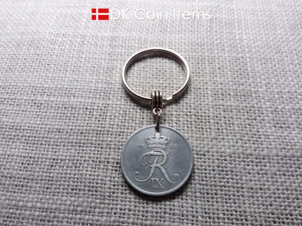 Denmark 1963 R-initial coin keychain with 61 year old 5 ore as coin pendant on bail and 30mm keyring