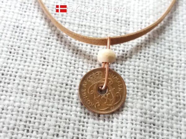 Denmark 1934 coin necklace - 90 year old crowned letter C initial 1 ore - 90th birthday gift - Antique Danish souvenir - Cord/chain option