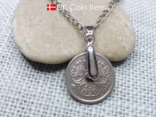 Danish coin necklace with a 1 krone as coin pendant on a pinch bail with snap lock - Danish souvenir - Cord/chain options