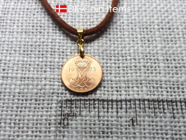 Denmark 1973 coin necklace. 51 year old M initial 5 ore coin pendant. 51st birthday gift. 5th anniversary gift. Danish vintage souvenir