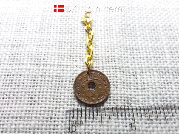 Denmark 1935 coin charm. C initial. 89 years old 1 ore coin pendant.