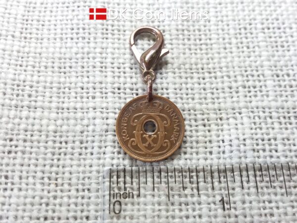 Denmark 1928 coin charm. C-initial 1 ore coin 96 years old.