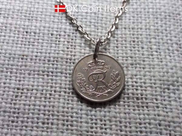 Denmark 1950 coin pendant necklace - 74 year old Crowned Letter R initial 10 ore - 74th birthday gift - Danish souvenir - Cord/chain options