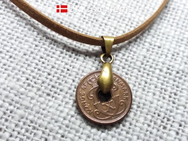 Denmark 1937 coin necklace - Letter C initial on 87 year old copper 1 ore vintage coin pendant - 87th birthday gift - Cord/chain options