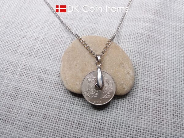 Denmark 1976 M-initial coin necklace with 48 year old 25 ore as coin pendant on pinch bail with snap lock