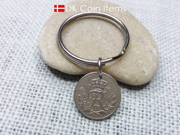 Denmark 1950 coin keychain. Crowned R-monogram 10 ore coin as pendant on keyring