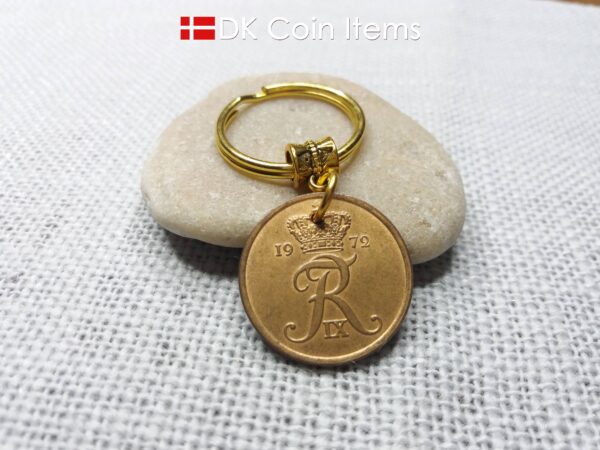 Denmark 1972 coin keychain. Crown R-monogram 5 ore 52 year old pendant