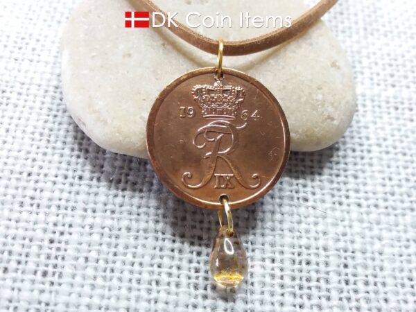 Denmark 1964 coin necklace. 60 year old Crown R-monogram 5 ore pendant