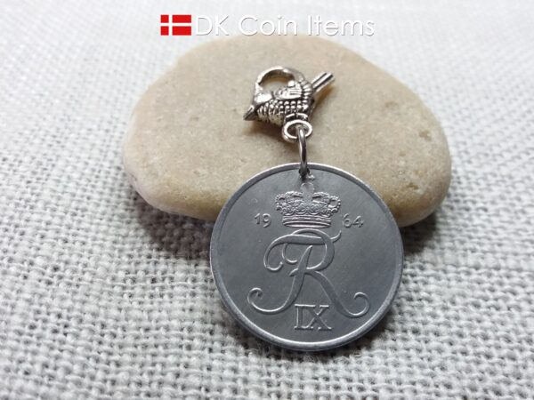 Denmark 1964 coin charm. 60 year old Crown R-monogram 5 ore pendant