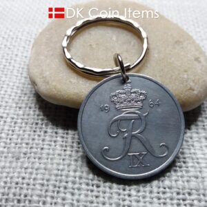 Denmark 1964 coin keychain. 60 year Crown R-monogram 5 ore pendant