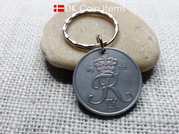 Denmark 1964 coin keychain. 60 year Crown R-monogram 5 ore pendant