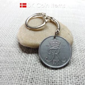 Danish 1964 coin keychain. 60 year Crowned R-monogram 5 ore pendant