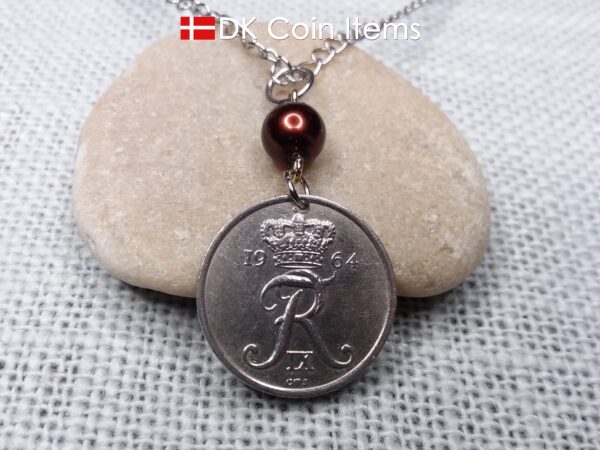 Denmark 1964 coin necklace. 60 year Crown R-monogram 25 ore pendant