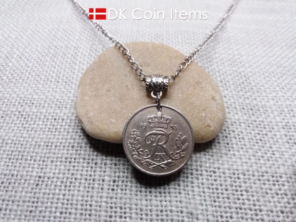 Denmark 1953 coin necklace. 71 year Crown R-monogram 25 ore pendant