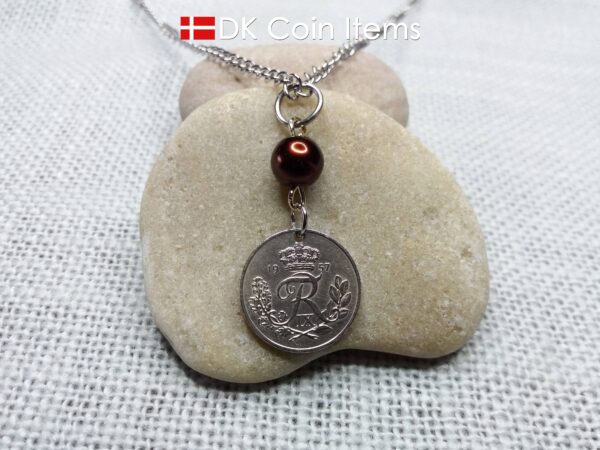 Denmark 1957 coin necklace. 67 year old R-monogram 10 ore pendant with bead