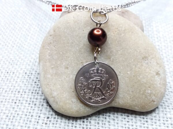 Denmark 1951 coin necklace. 73 year old R-monogram 10 ore pendant with bead