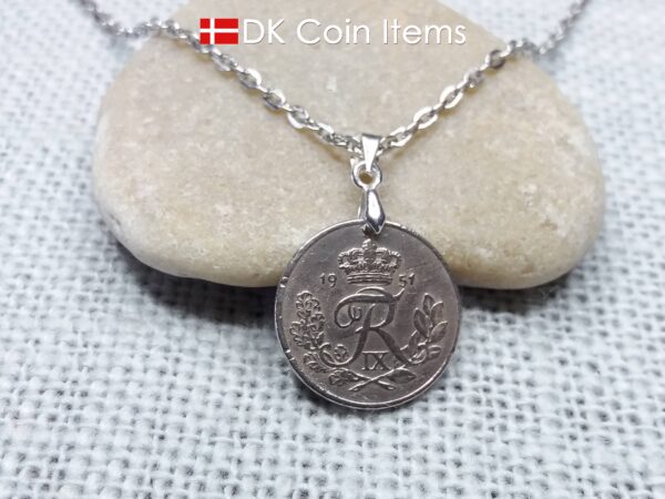 Denmark 1951 coin necklace. 73 year old R-monogram 10 ore pendant on pinch bail