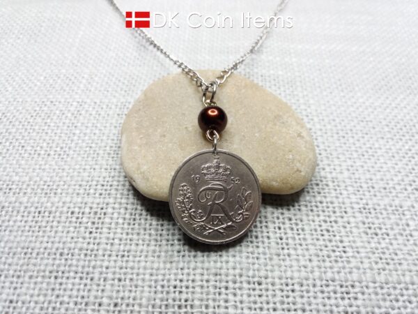 Denmark 1952 coin necklace. 72 year Crown R-monogram 25 ore pendant on bead