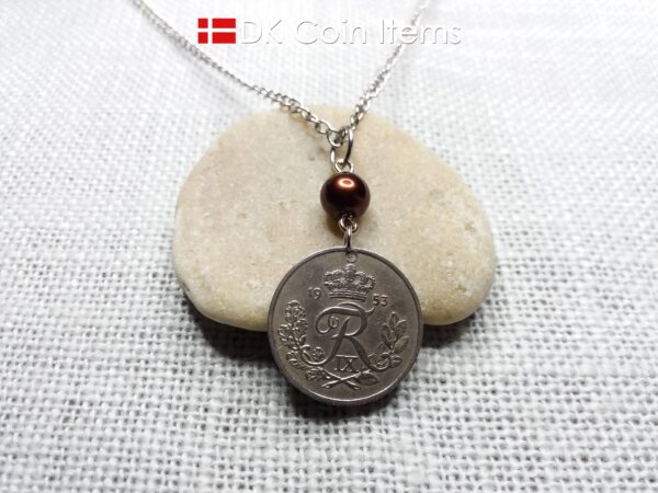 Denmark 1953 coin necklace. 71 year Crown R-monogram 25 ore pendant on bead