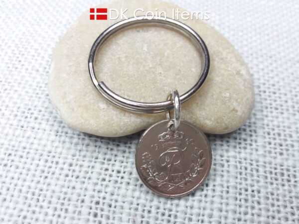 Denmark 1960 coin keychain. Crowned R-monogram 10 ore coin as pendant on keyring.