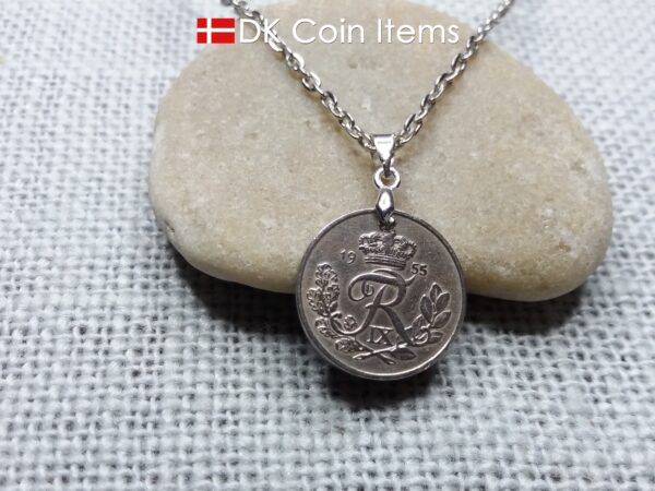 Denmark 1955 coin necklace. 69 year old R-monogram 10 ore pendant on pinch bail