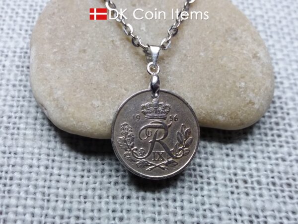 Denmark 1956 coin necklace. 68 year old R-monogram 10 ore pendant on pinch bail