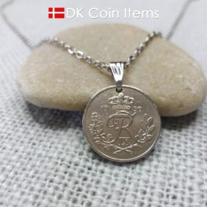 Denmark 1950 coin necklace. R-monogram 10 ore. 74 year old pendant on snap lock.