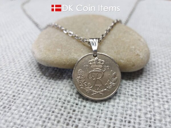 Denmark 1950 coin necklace. R-monogram 10 ore. 74 year old pendant on snap lock.