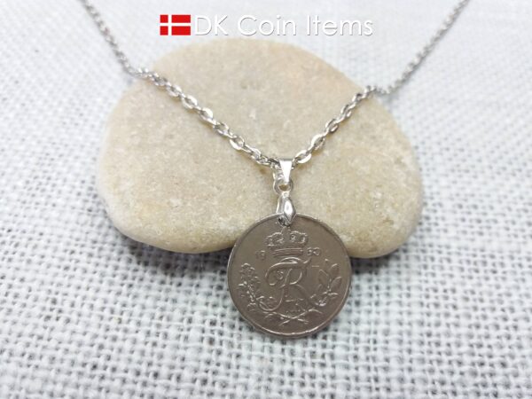 Denmark 1950 coin necklace. 74 year old R-monogram 10 ore pendant on pinch bail.