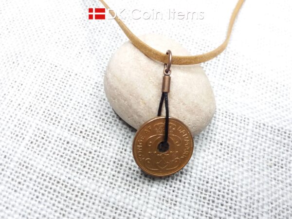 Denmark 1938 coin necklace. Crowned C-monogram 2 ore coin.