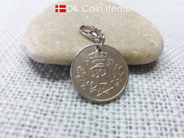 Denmark 1950 coin charm. 74 year old R-monogram 10 ore pendant.