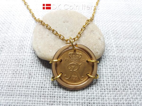 Denmark 1972 coin necklace. Crown R-monogram 5 ore 52 year old pendant