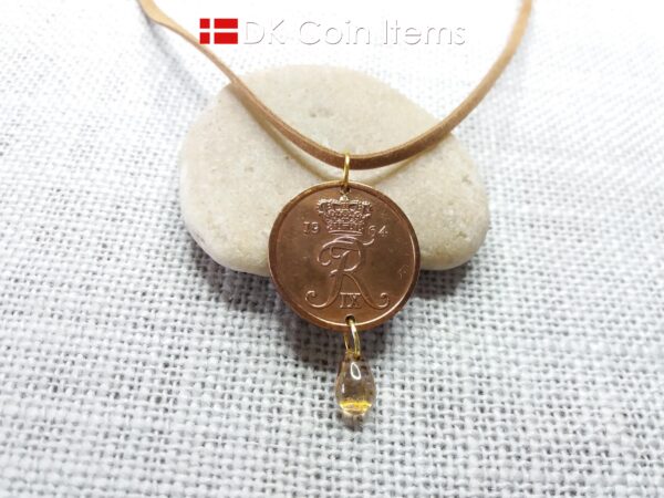 Denmark 1964 coin necklace. 60 year old Crown R-monogram 5 ore pendant