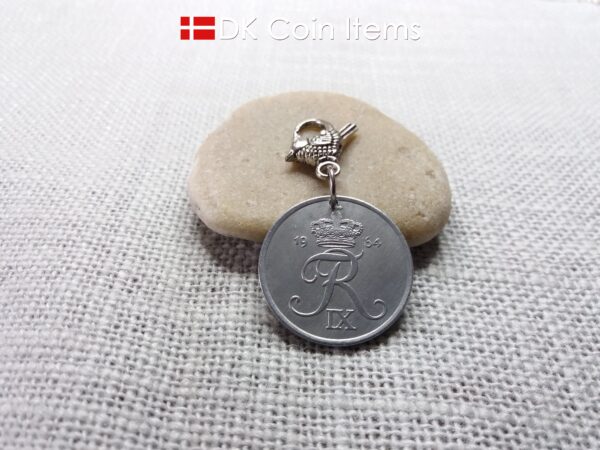 Denmark 1964 coin charm. 60 year old Crown R-monogram 5 ore pendant