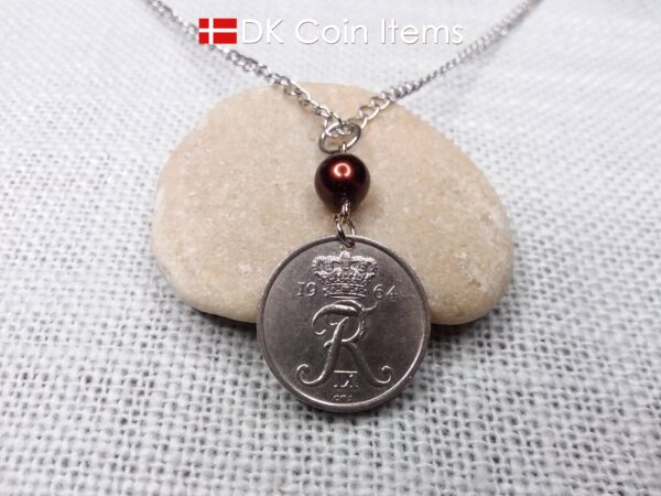 Denmark 1964 coin necklace. 60 year Crown R-monogram 25 ore pendant