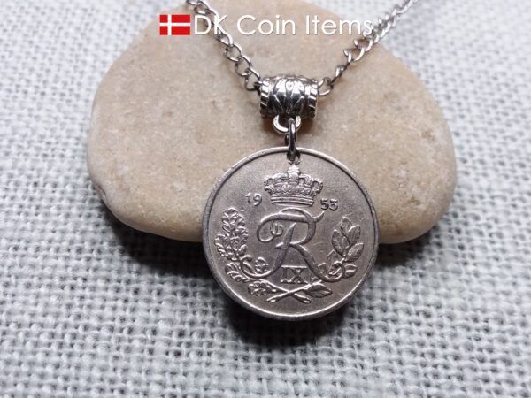 Denmark 1953 coin necklace. 71 year Crown R-monogram 25 ore pendant