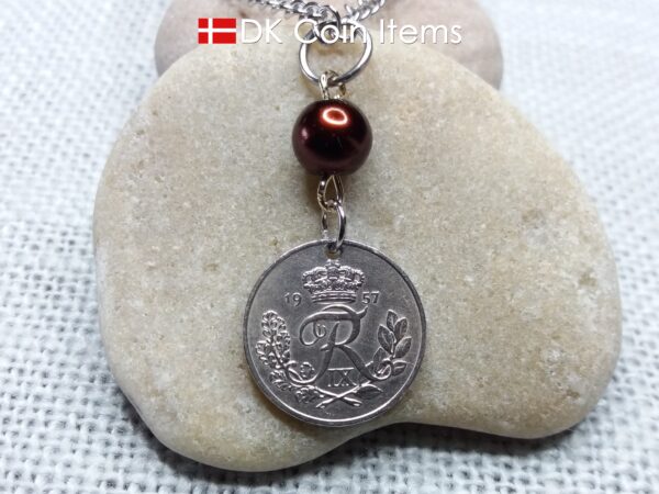 Denmark 1957 coin necklace. 67 year old R-monogram 10 ore pendant with bead