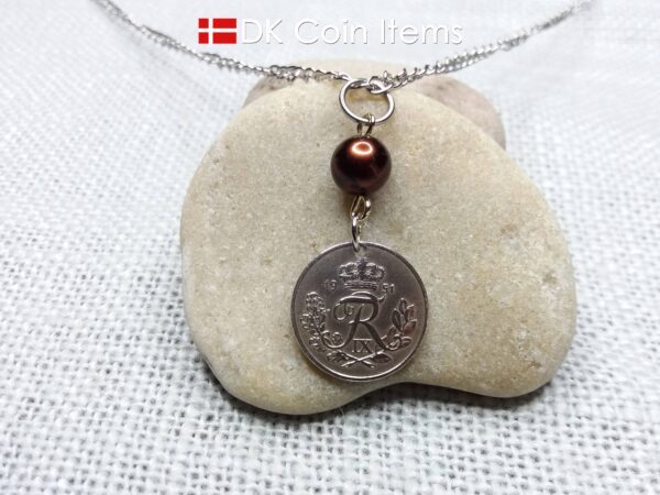 Denmark 1951 coin necklace. 73 year old R-monogram 10 ore pendant with bead