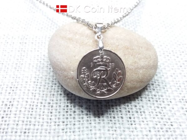 Denmark 1957 coin necklace. 67 year old R-monogram 10 ore pendant on pinch bail