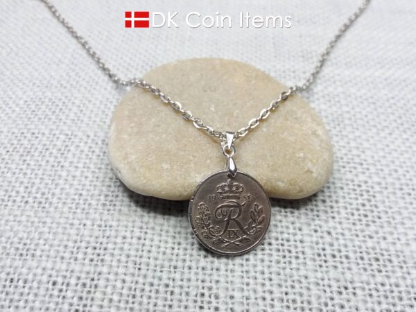 Denmark 1951 coin necklace. 73 year old R-monogram 10 ore pendant on pinch bail