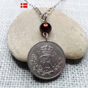 Denmark 1952 coin necklace. 72 year Crown R-monogram 25 ore pendant on bead