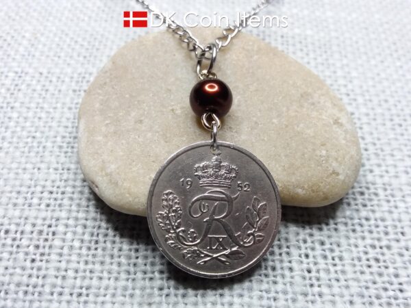 Denmark 1952 coin necklace. 72 year Crown R-monogram 25 ore pendant on bead