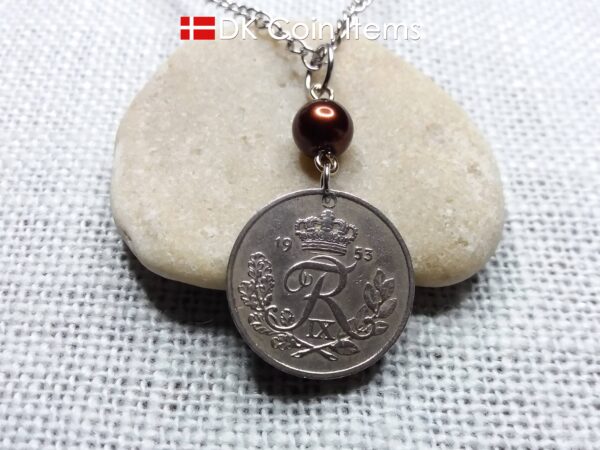 Denmark 1953 coin necklace. 71 year Crown R-monogram 25 ore pendant on bead