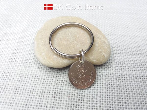 Denmark 1960 coin keychain. Crowned R-monogram 10 ore coin as pendant on keyring.