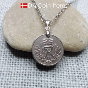 Denmark 1952 coin necklace. 72 year old R-monogram 10 ore pendant on pinch bail