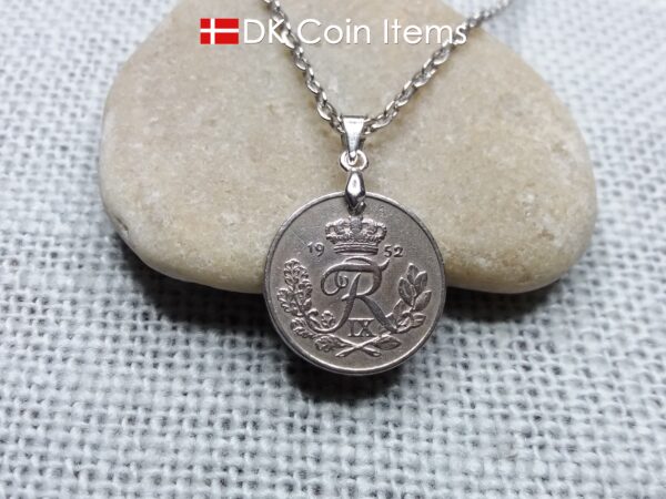 Denmark 1952 coin necklace. 72 year old R-monogram 10 ore pendant on pinch bail